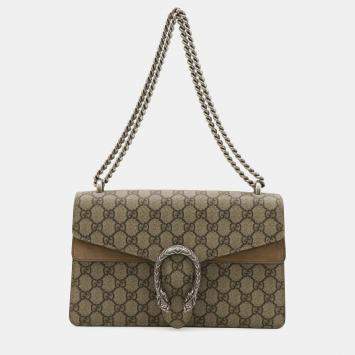 Pre Owned Gucci Dionysus Gg Supreme Shoulder Bag Chain Tiger Head Suede Beige