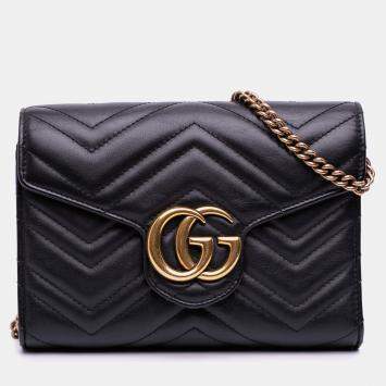 Pre Owned Gucci Black GG Marmont Matelasse Leather Wallet On Chain