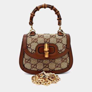 مملوكة مسبقًا حقيبة غوتشي بيج بني قماش وجلد كريستال بامبو 1947 ميني مقبض علوي