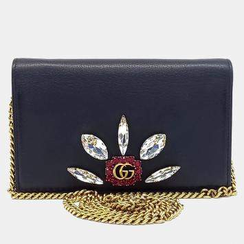 Pre Owned حقيبة كتف غوتشي GG مارمونت كريستال سلسلة جلد أسود