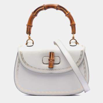Pre Owned Gucci White Calfskin Frame Print Bamboo Top Handle Bag