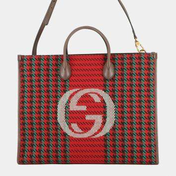 Pre Owned Gucci Red Interlocking G Tweed Houndstooth Stripe Satchel