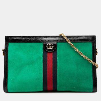Pre Owned Gucci Green Medium Suede Web Ophidia Chain Shoulder Bag