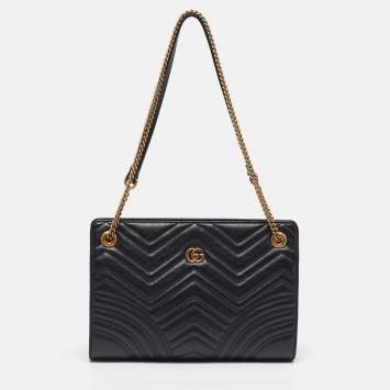 Pre Owned Gucci GG Marmont Small Matelassé Black Leather Tote