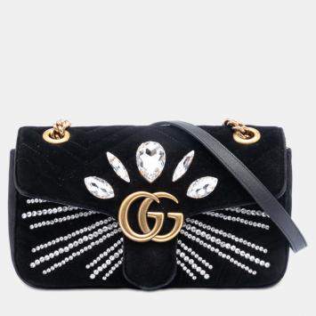 Pre Owned Gucci Black Medium GG Marmont Matelasse Velvet Crystal Embellished Shoulder Bag