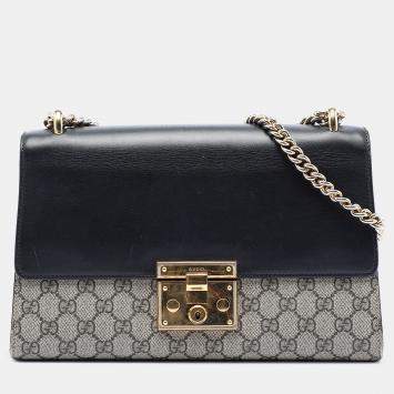Pre Owned Gucci Blue Brown Medium GG Supreme Padlock Shoulder Bag