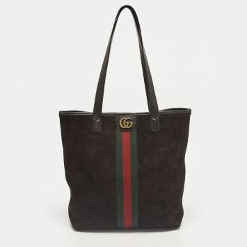 Pre Owned Gucci Ophidia Dark Brown Leather and Suede Open Tote