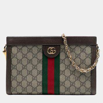 Pre Owned Gucci Brown Small GG Supreme Web Ophidia Chain Crossbody