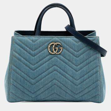 Pre Owned Gucci Blue Small GG Marmont Matelasse Denim Pearly Satchel