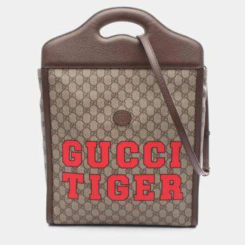 Pre Owned Gucci Gg Supreme Tote Bag Coated Canvas And Leather Beige Brown Multicolor