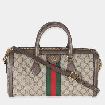 Pre Owned Gucci Beige GG Monogram Canvas Web Medium Ophidia Boston Bag