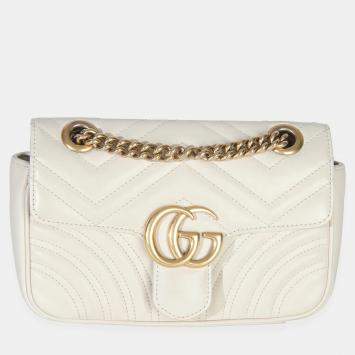 Pre Owned Gucci White Matelasse Calfskin Small GG Marmont Shoulder Bag
