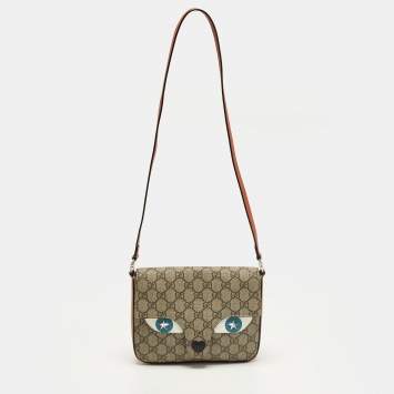 مملوكة مسبقًا Gucci Kids Animal Face Orange/Beige GG Supreme Canvas and Leather Flap Bag