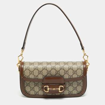 Pre Owned Gucci Horsebit 1955 Mini Brown/Beige GG Supreme Canvas Shoulder Bag