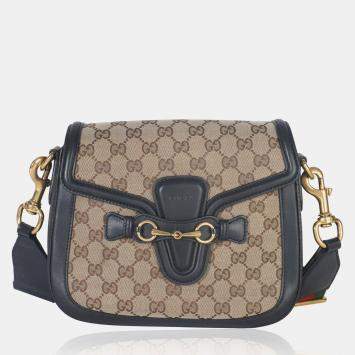 Pre Owned Gucci Black Beige GG Canvas Medium Lady Web Shoulder Bag