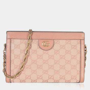 Pre Owned Gucci Light Pink GG Canvas Small Ophidia Chain Shoulder Bag