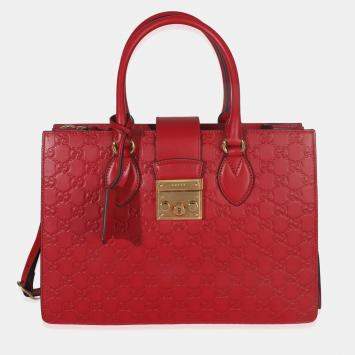 Pre Owned Gucci Red Guccissima Signature Padlock Double Handle Tote