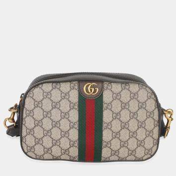 Pre Owned Gucci Beige GG Supreme Canvas Dollar Calfskin Web Ophidia Small Crossbody