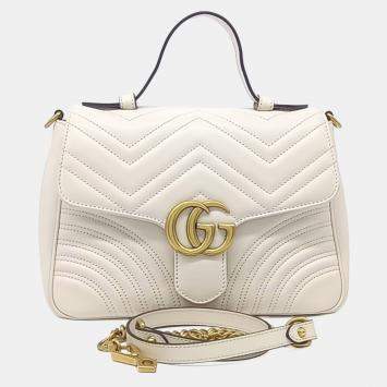 Pre Owned Gucci White Leather Matelasse Marmont Top Handle Bag