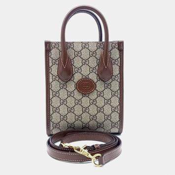 Pre Owned Gucci Beige Brown PVC Interlocking G Mini Tote Bag