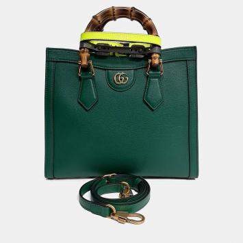 Pre Owned Gucci Green Leather Diana Bamboo Tote Bag Small