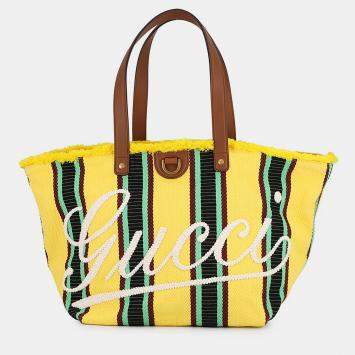 Pre Owned Gucci Logo Tote Bag Yellow/Multicolor Canvas Leather