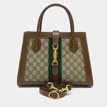 Pre Owned Gucci Beige Brown PVC Jackie 1961 Medium Tote Bag (649016)