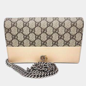 Pre Owned Gucci Beige PVC GG Marmont Chain WOC Crossbody Bag (790060)