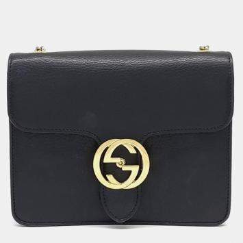 Pre Owned Gucci Black Leather Interlocking GG Crossbody Bag (510304)