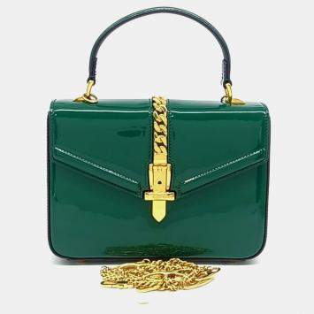 Pre Owned Gucci Green Patent Leather Sylvie 1969 Mini Top Handle Bag 