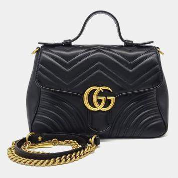 Pre Owned Gucci Black Leather Matelassé Marmont Top Handle Bag (498110)