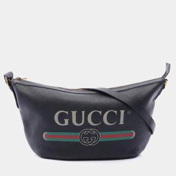 Pre Owned Gucci Print Half Moon Black Grained Calfskin Leather Hobo Shoulder Bag