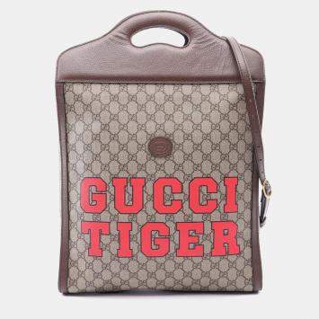 Pre Owned Gucci Tiger GG Supreme PVC Coated canvas Natural Leather Vertical Tote Bag