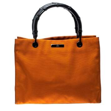 Pre Owned Gucci Orange Nylon Bamboo Top Handle Tote