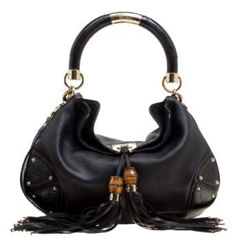 Pre Owned Gucci Black Leather Medium Indy Top Handle Bag