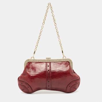 Pre Owned Gucci Burgundy Lizard Crystal Frame Clutch