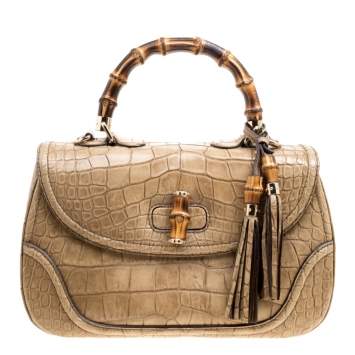 Pre Owned Gucci Beige Crocodile Leather Large New Bamboo Satchel
