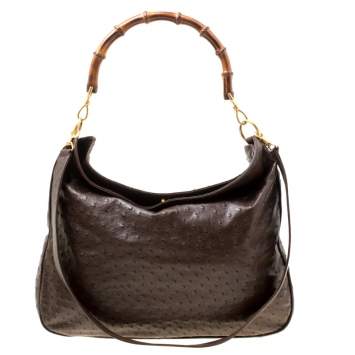 Pre Owned Gucci Brown Ostrich Bamboo Handle Hobo