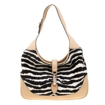 Pre Owned Gucci Beige/Monochrome Leather and Calfhair Medium Jackie Hobo