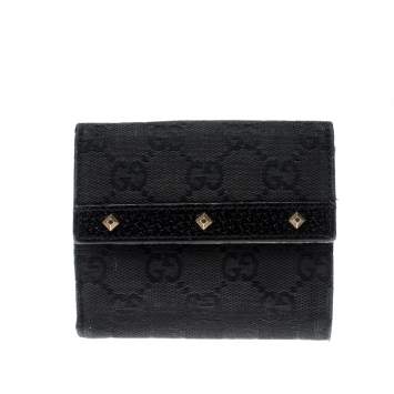 Pre Owned Gucci Black Studded GG Canvas and Leather Mini French Wallet