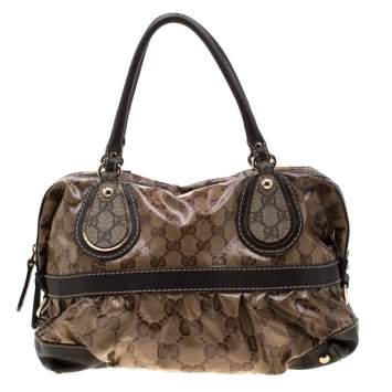 Pre Owned Gucci Brown/Ebony GG Crystal Coated Canvas and Leather Mix Tote