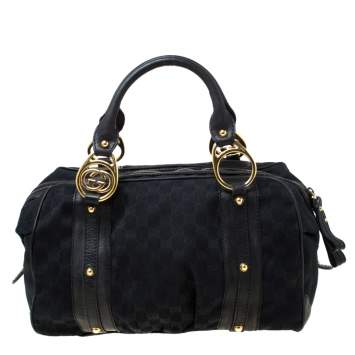 Pre Owned Gucci Black GG Canvas and Leather Interlocking Boston Bag