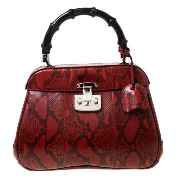 Pre Owned Gucci Red Python Leather Lady Lock Bamboo Top Handle Bag