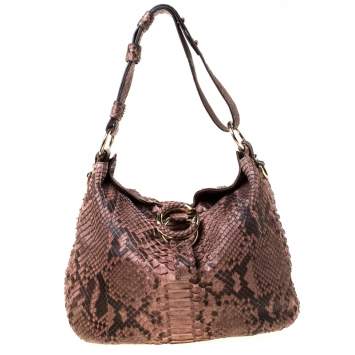 Pre Owned Gucci Brown Python Leather Medium G Wave Hobo