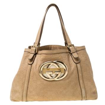 Pre Owned Gucci Beige Leather Medium GG Britt Tote