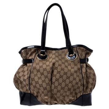 Pre Owned Gucci Beige/Black GG Canvas and Patent Leather Medium Full Moon Tote 