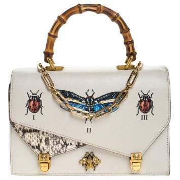 Pre Owned Gucci Cream Python and Leather Ottilia Bee Printed Bamboo Top Handle Bag      