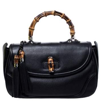 Pre Owned Gucci Black Leather Large New Bamboo Tassel Top Handle Bag