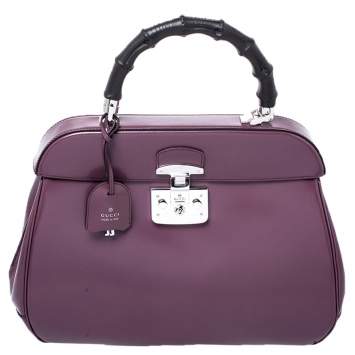 Pre Owned Gucci Purple Patent Leather Lady Lock Bamboo Large Top Handle Bag