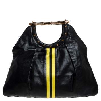 Pre Owned Gucci Black Leather Yellow Striped Metal Bamboo Tote